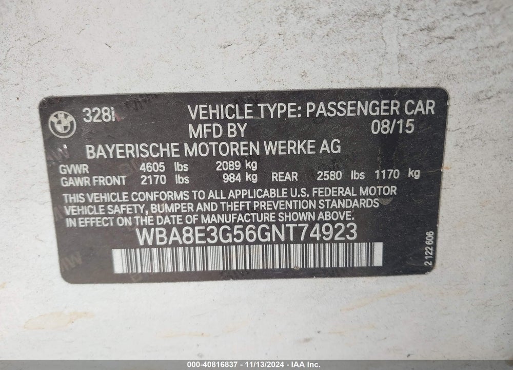 2016 BMW 328I XDRIVE VIN: WBA8E3G56GNT74923