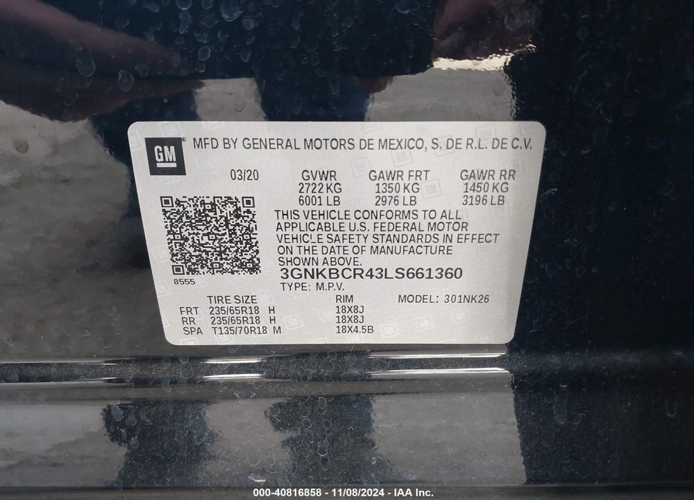 2020 CHEVROLET BLAZER FWD 2LT VIN: 3GNKBCR43LS661360