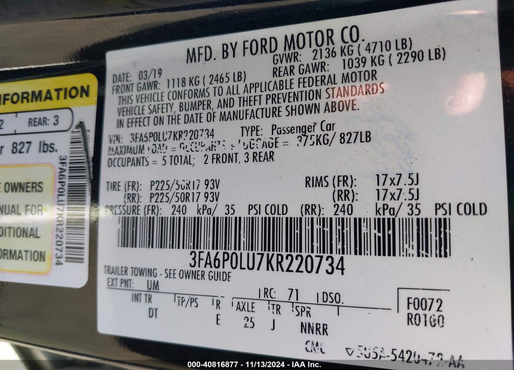 2019 FORD FUSION HYBRID SE VIN: 3FA6P0LU7KR220734