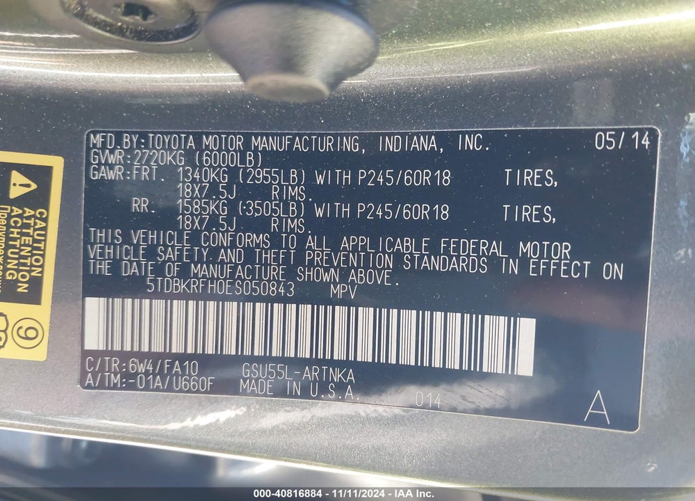 2014 TOYOTA HIGHLANDER VIN: 5TDBKRFH0ES050843