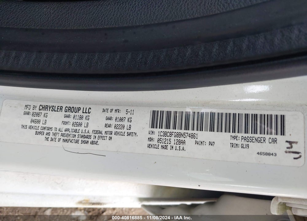2011 CHRYSLER 200 S VIN: 1C3BC8FG8BN574861