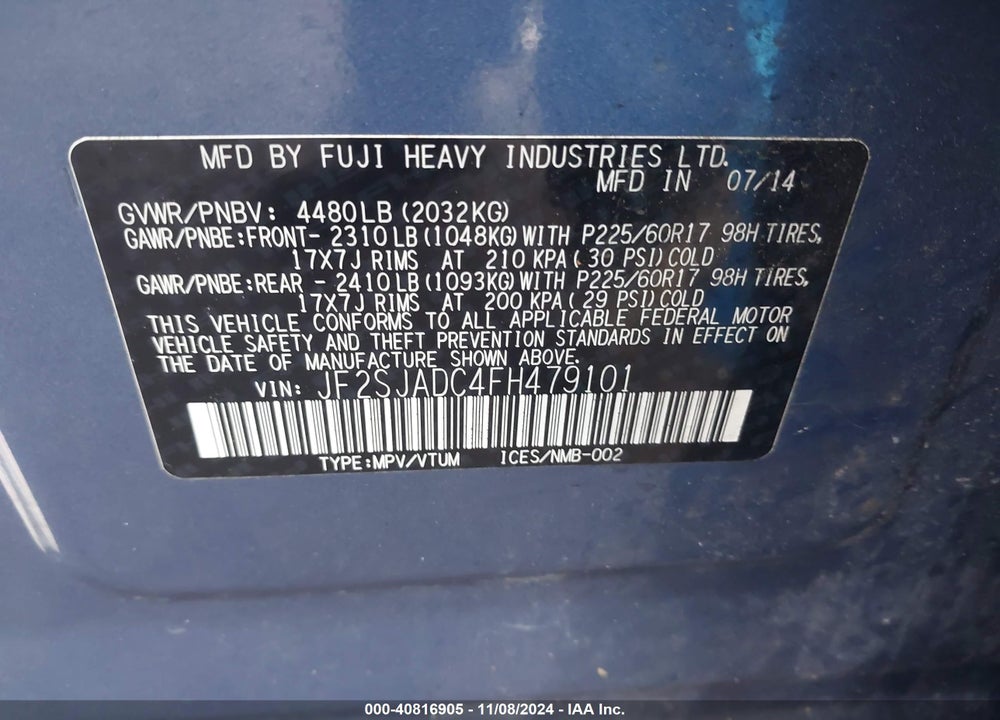 2015 SUBARU FORESTER 2.5I PREMIUM VIN: JF2SJADC4FH479101