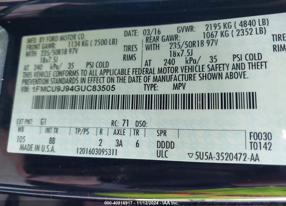 2016 FORD ESCAPE TITANIUM VIN: 1FMCU9J94GUC83505