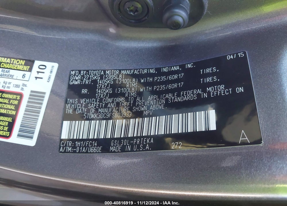 2015 TOYOTA SIENNA VIN: 5TDKK3DC9FS603933