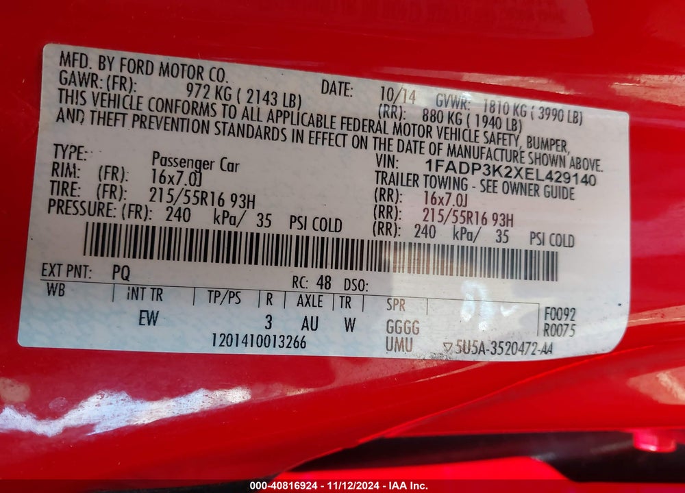 2014 FORD FOCUS SE VIN: 1FADP3K2XEL429140