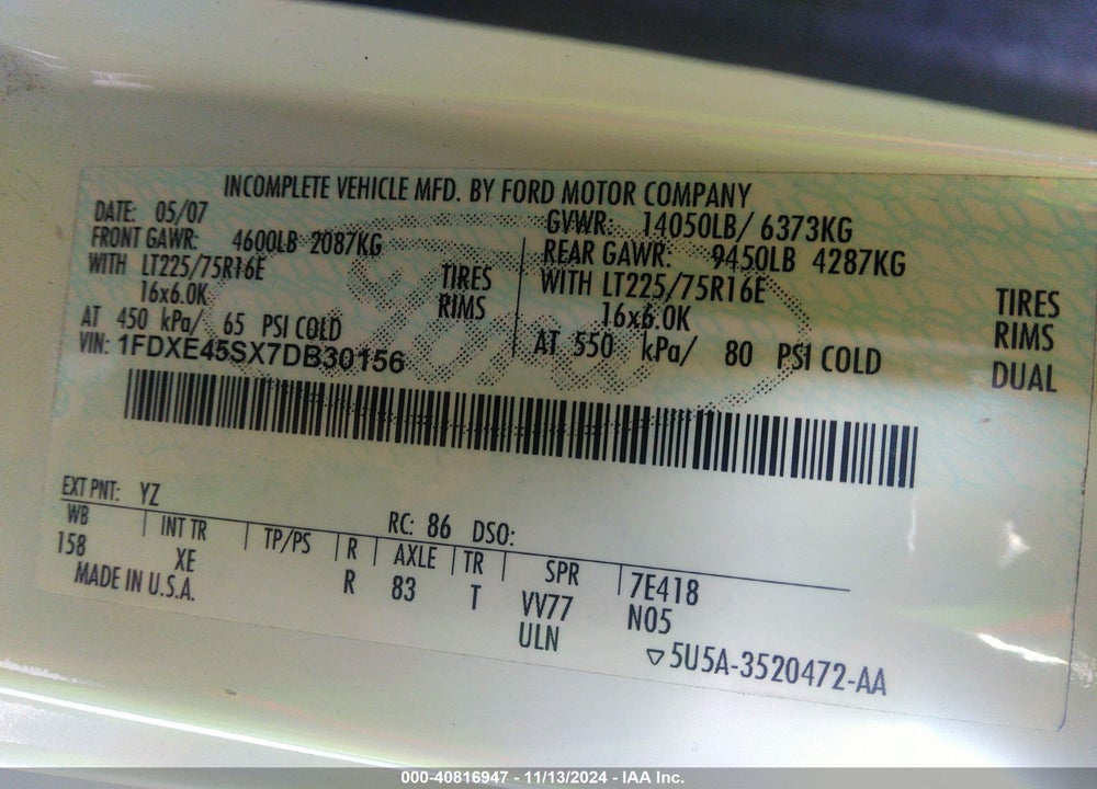 2007 FORD E-450 CUTAWAY VIN: 1FDXE45SX7DB30156