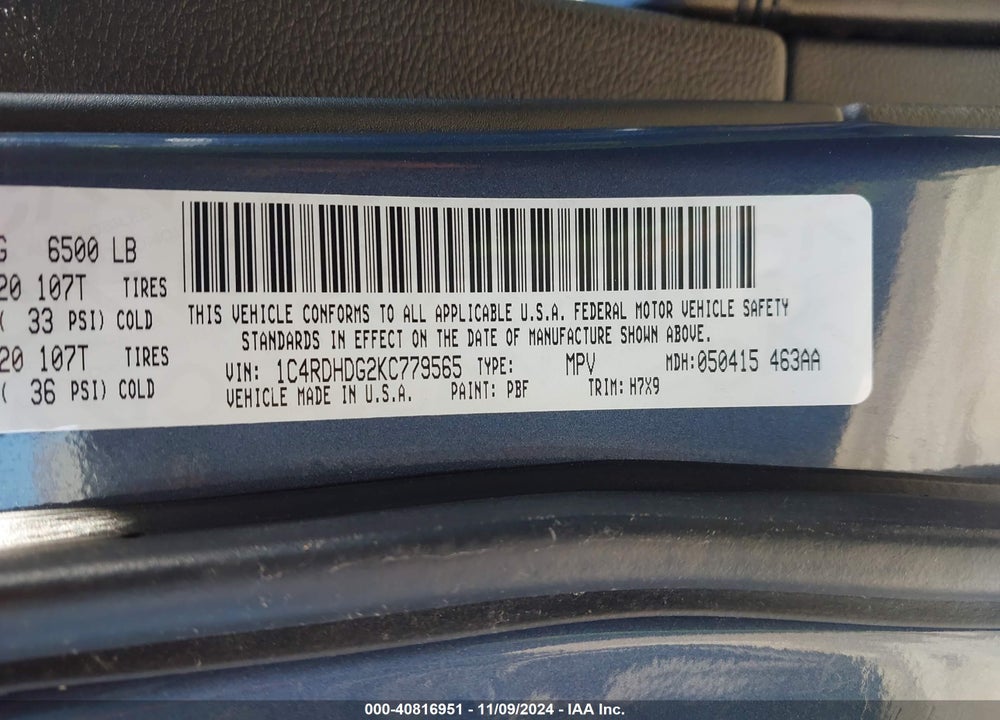 2019 DODGE DURANGO GT RWD VIN: 1C4RDHDG2KC779565