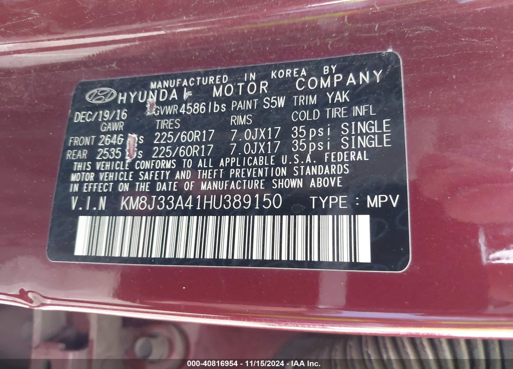 2017 HYUNDAI TUCSON SE VIN: KM8J33A41HU389150