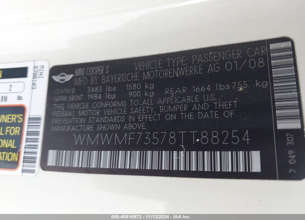2008 MINI COOPER S VIN: WMWMF73578TT88254