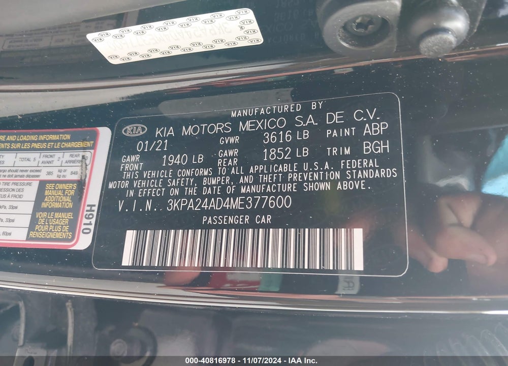 2021 KIA RIO S VIN: 3KPA24AD4ME377600