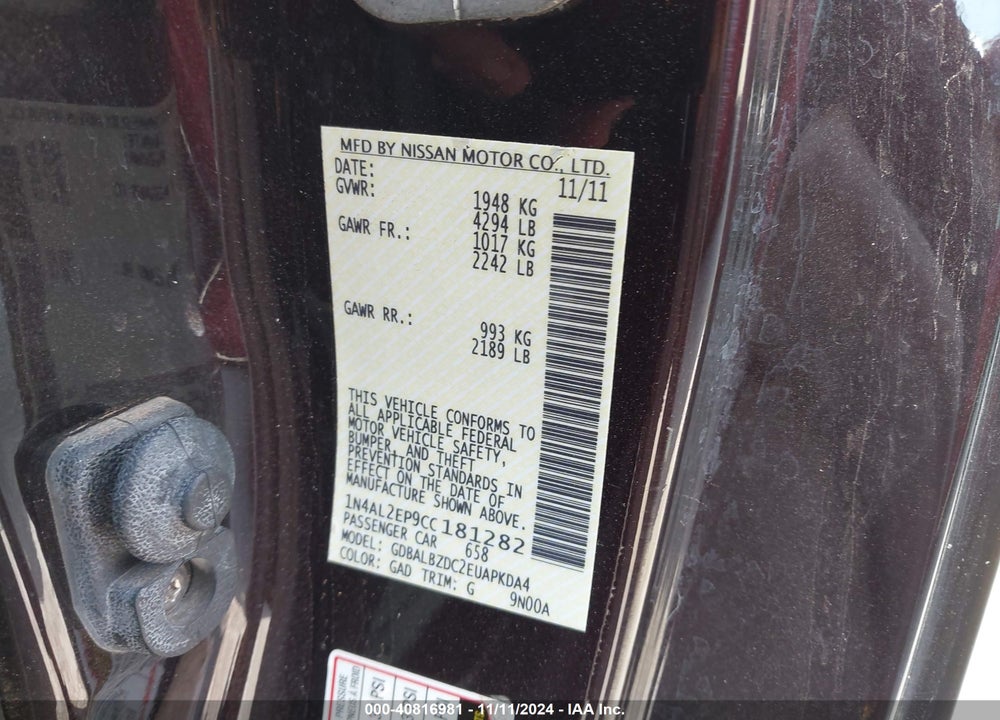 2012 NISSAN ALTIMA 2.5 S VIN: 1N4AL2EP9CC181282