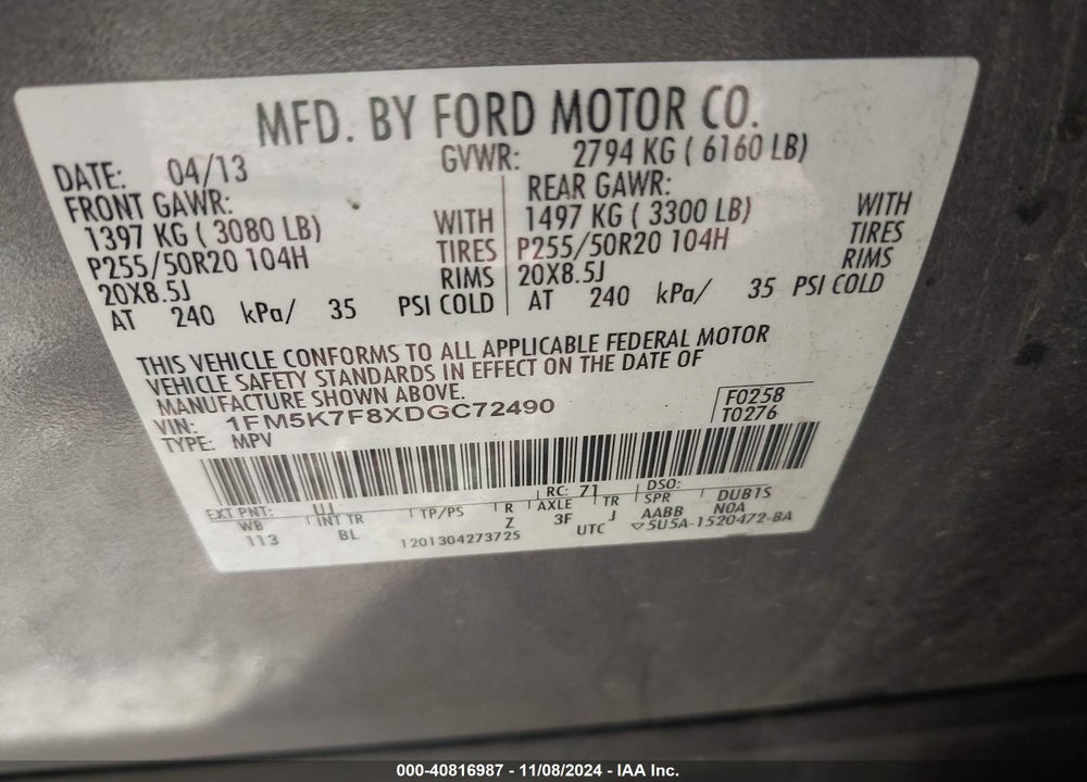 2013 FORD EXPLORER LIMITED VIN: 1FM5K7F8XDGC72490