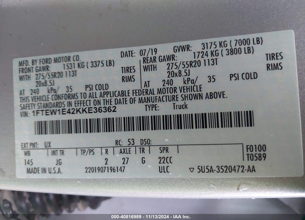 2019 FORD F-150 XL VIN: 1FTEW1E42KKE36362