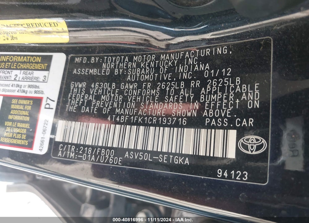 2012 TOYOTA CAMRY XLE VIN: 4T4BF1FK1CR193716