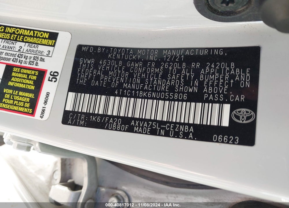 2022 TOYOTA CAMRY LE AWD VIN: 4T1C11BK6NU055806