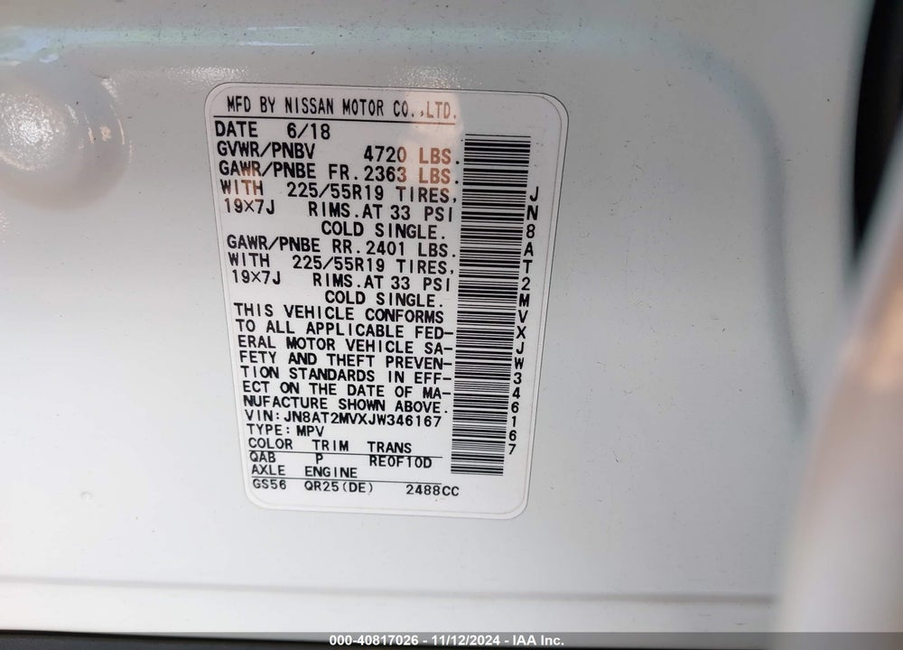 2018 NISSAN ROGUE SL VIN: JN8AT2MVXJW346167