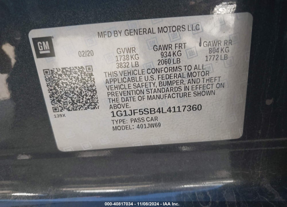 2020 CHEVROLET SONIC FWD  PREMIER VIN: 1G1JF5SB4L4117360
