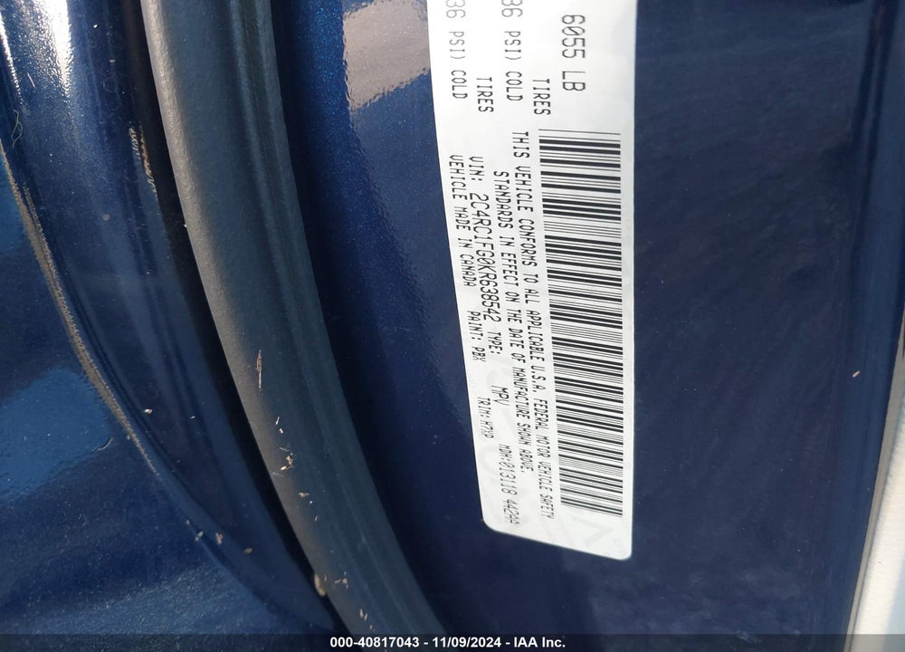 2019 CHRYSLER PACIFICA TOURING PLUS VIN: 2C4RC1FG0KR638542