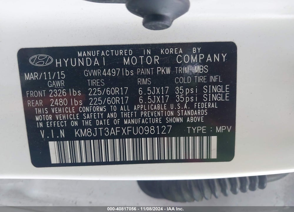 2015 HYUNDAI TUCSON GLS VIN: KM8JT3AFXFU098127