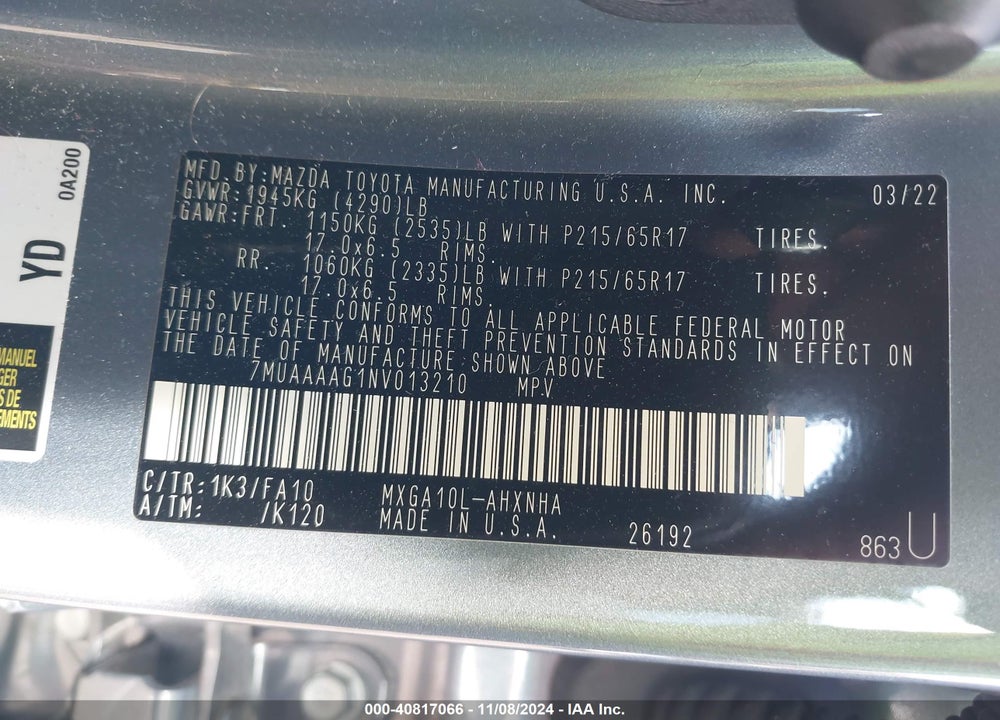 2022 TOYOTA COROLLA CROSS L VIN: 7MUAAAAG1NV013210