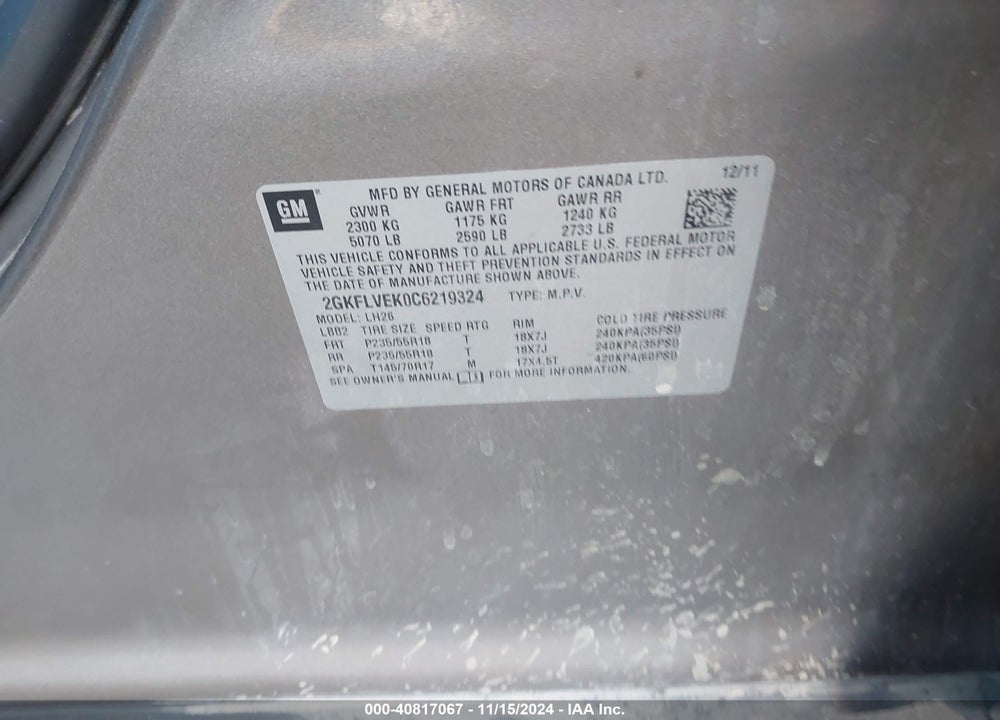 2012 GMC TERRAIN SLT-1 VIN: 2GKFLVEK0C6219324