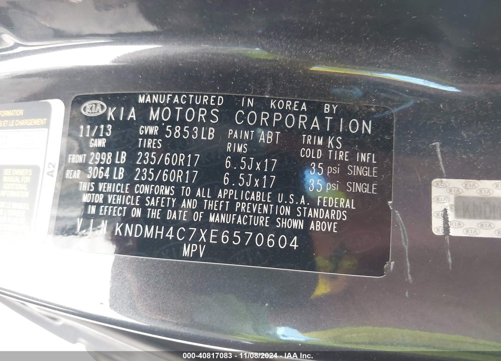 2014 KIA SEDONA EX VIN: KNDMH4C7XE6570604