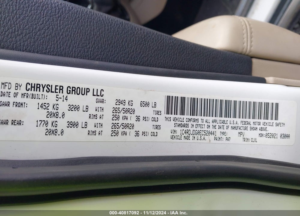 2014 DODGE DURANGO LIMITED VIN: 1C4RDJDG0EC520441