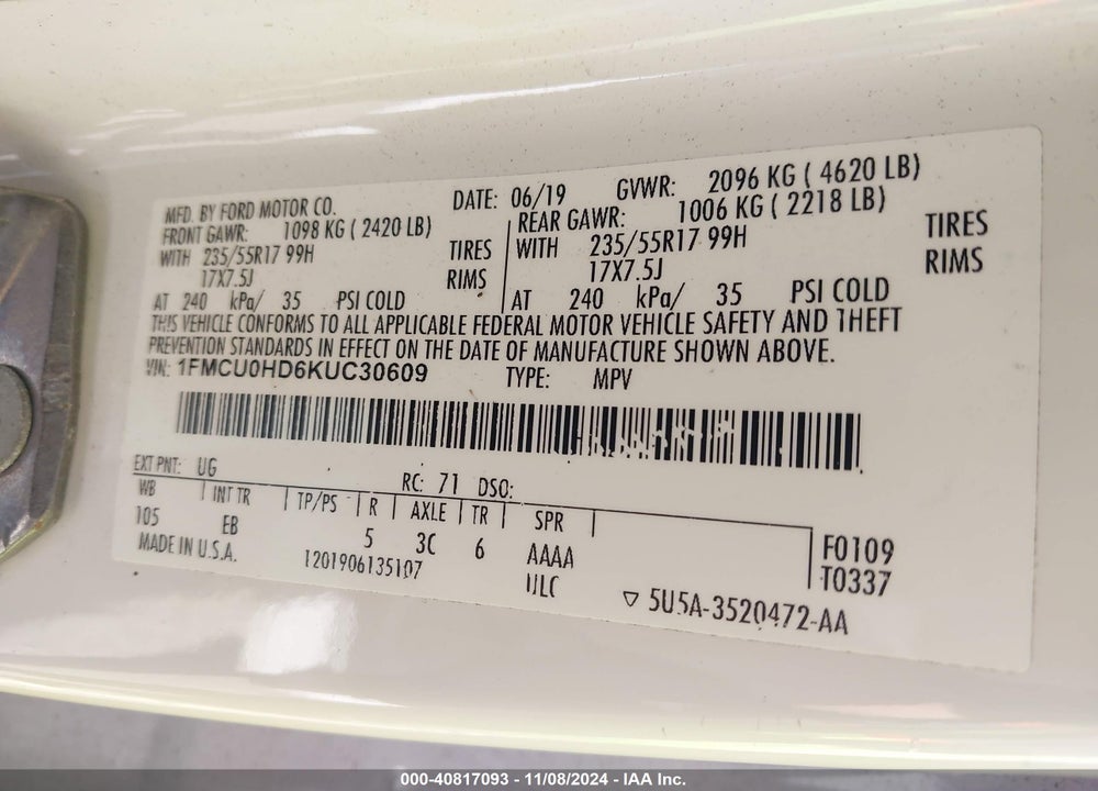2019 FORD ESCAPE SEL VIN: 1FMCU0HD6KUC30609