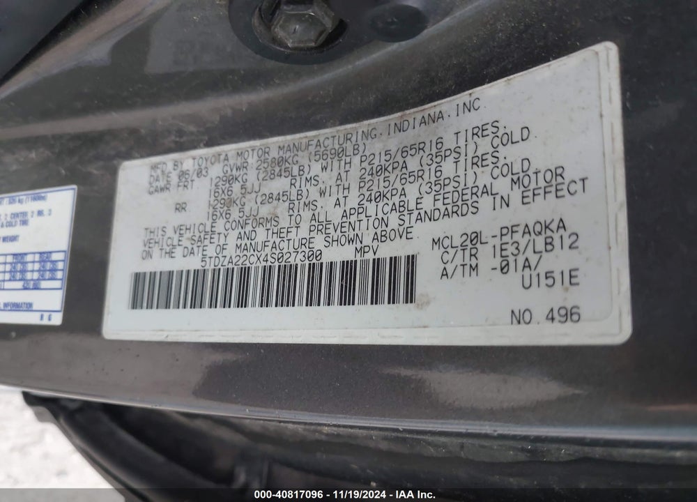 2004 TOYOTA SIENNA XLE VIN: 5TDZA22CX4S027300