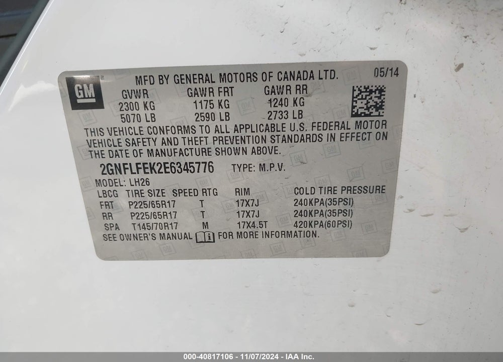 2014 CHEVROLET EQUINOX 1LT VIN: 2GNFLFEK2E6345776