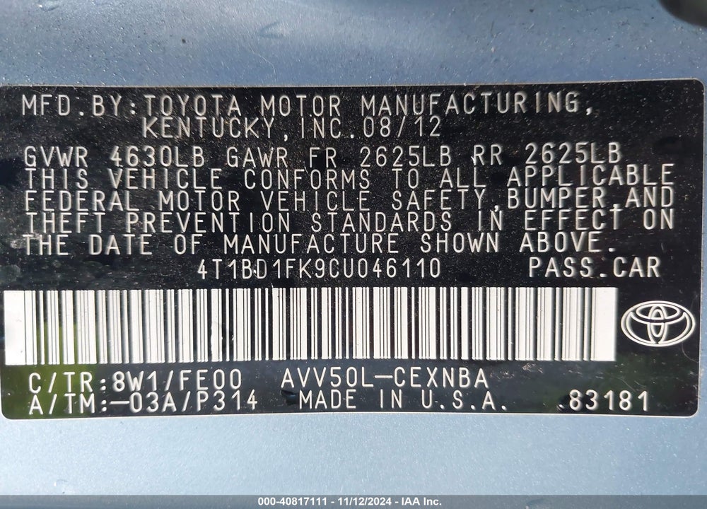 2012 TOYOTA CAMRY HYBRID VIN: 4T1BD1FK9CU046110