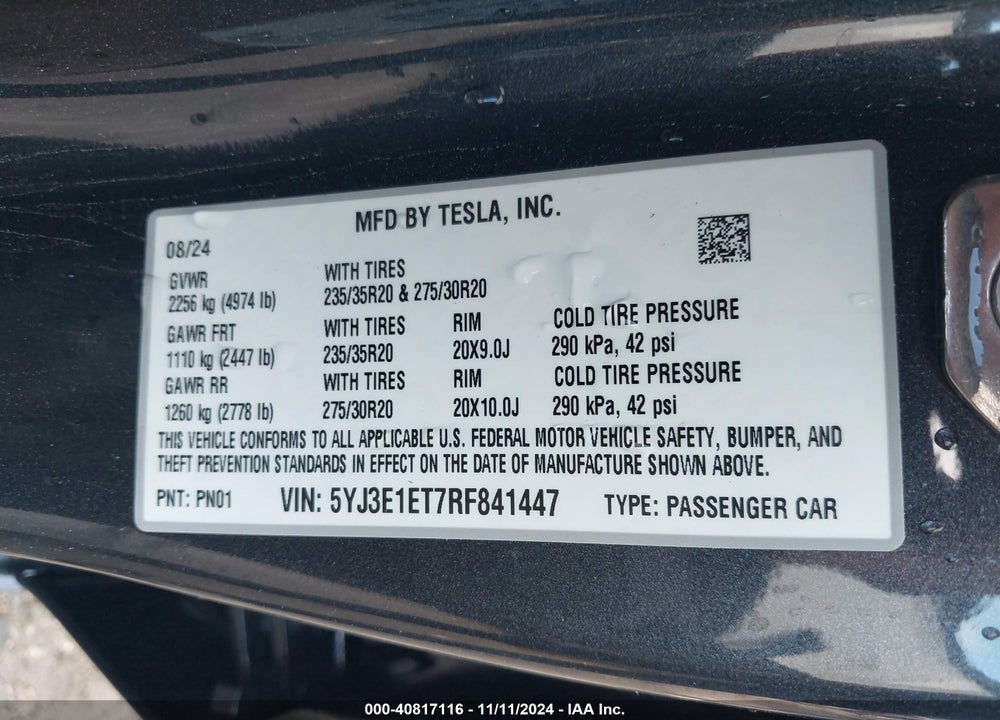 2024 TESLA MODEL 3 PERFORMANCE VIN: 5YJ3E1ET7RF841447