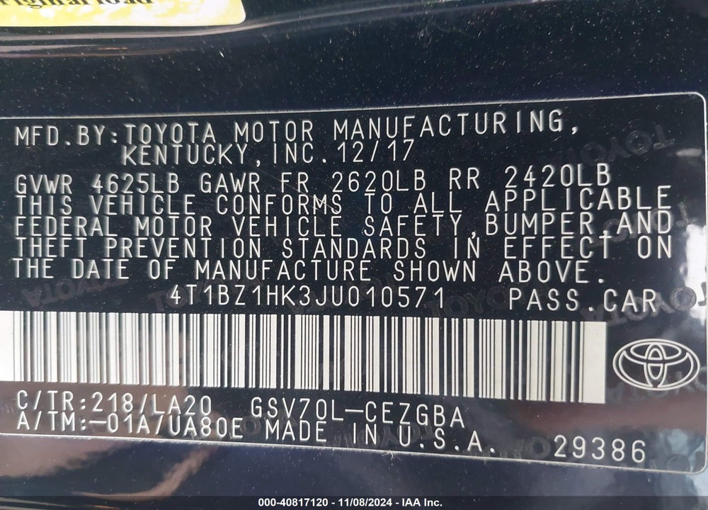 2018 TOYOTA CAMRY XLE V6 VIN: 4T1BZ1HK3JU010571