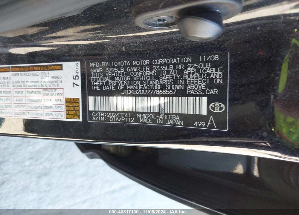2009 TOYOTA PRIUS VIN: JTDKB20U997868567