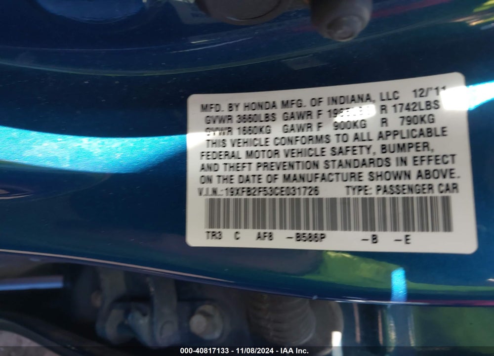 2012 HONDA CIVIC LX VIN: 19XFB2F53CE031726
