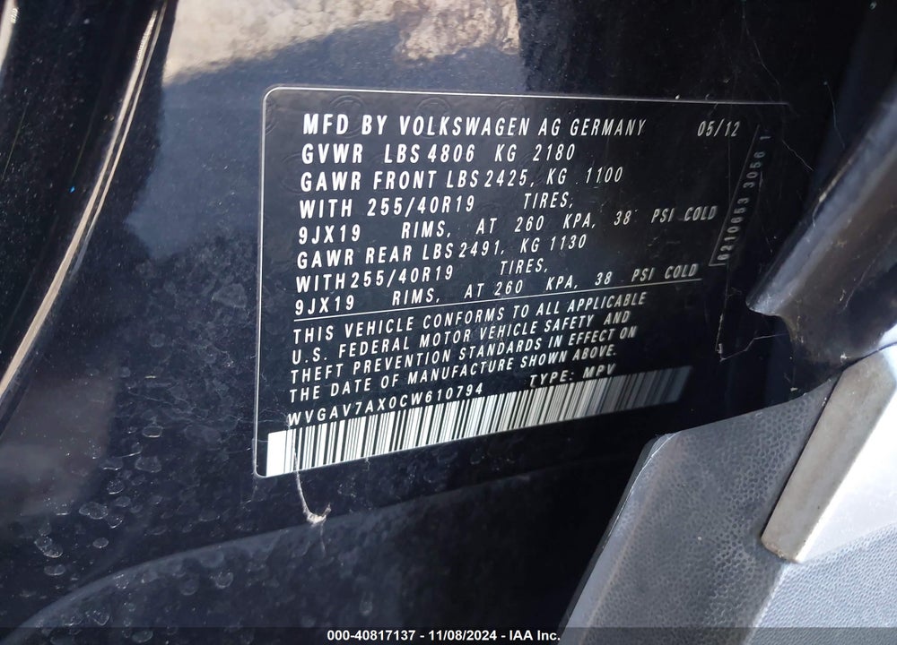 2012 VOLKSWAGEN TIGUAN SEL VIN: WVGAV7AX0CW610794