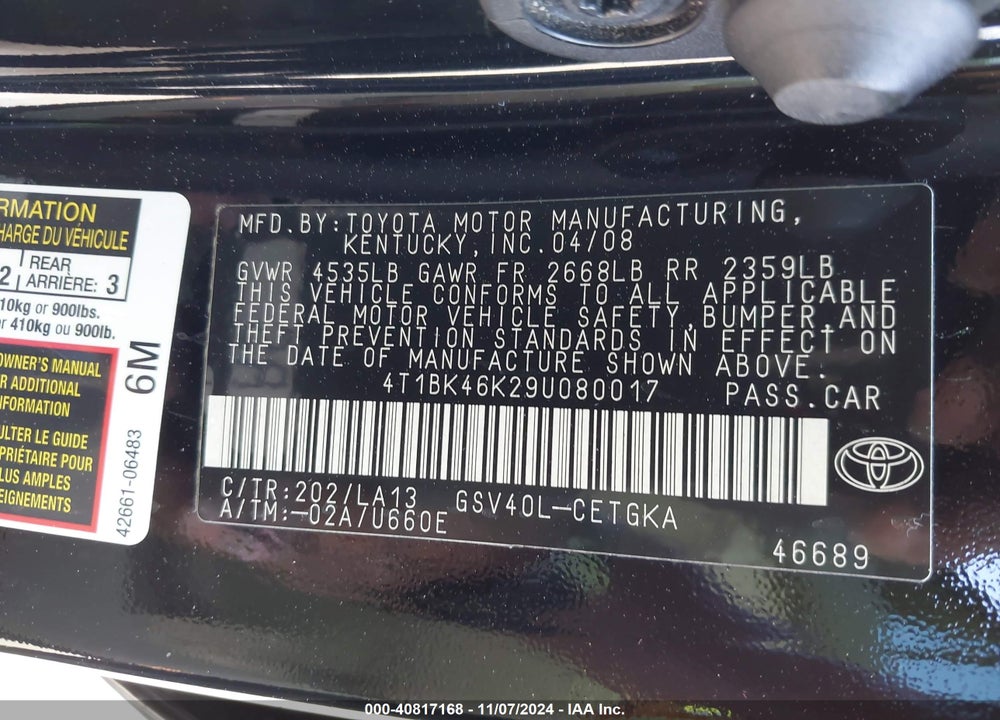 2009 TOYOTA CAMRY VIN: 4T1BK46K29U080017