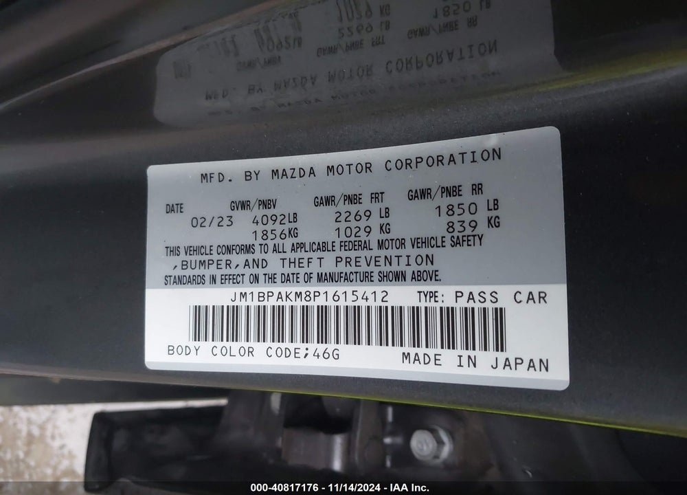 2023 MAZDA 3 2.5 S SELECT VIN: JM1BPAKM8P1615412