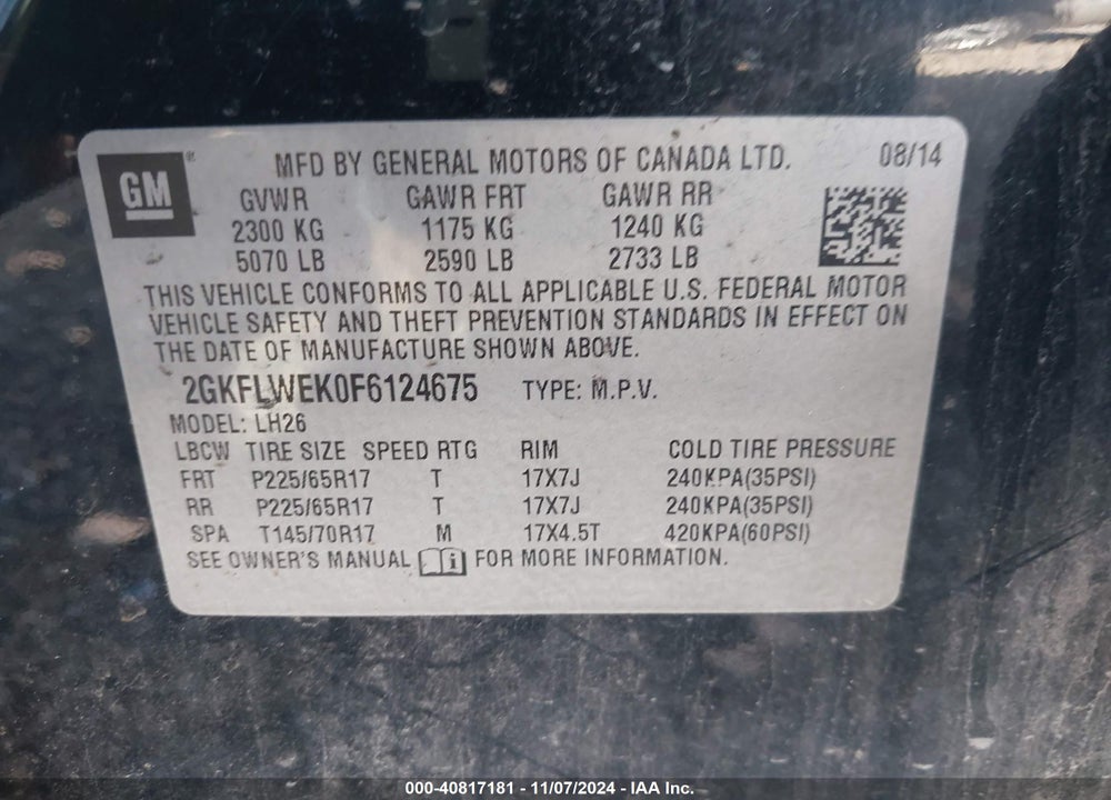 2015 GMC TERRAIN SLE-2 VIN: 2GKFLWEK0F6124675