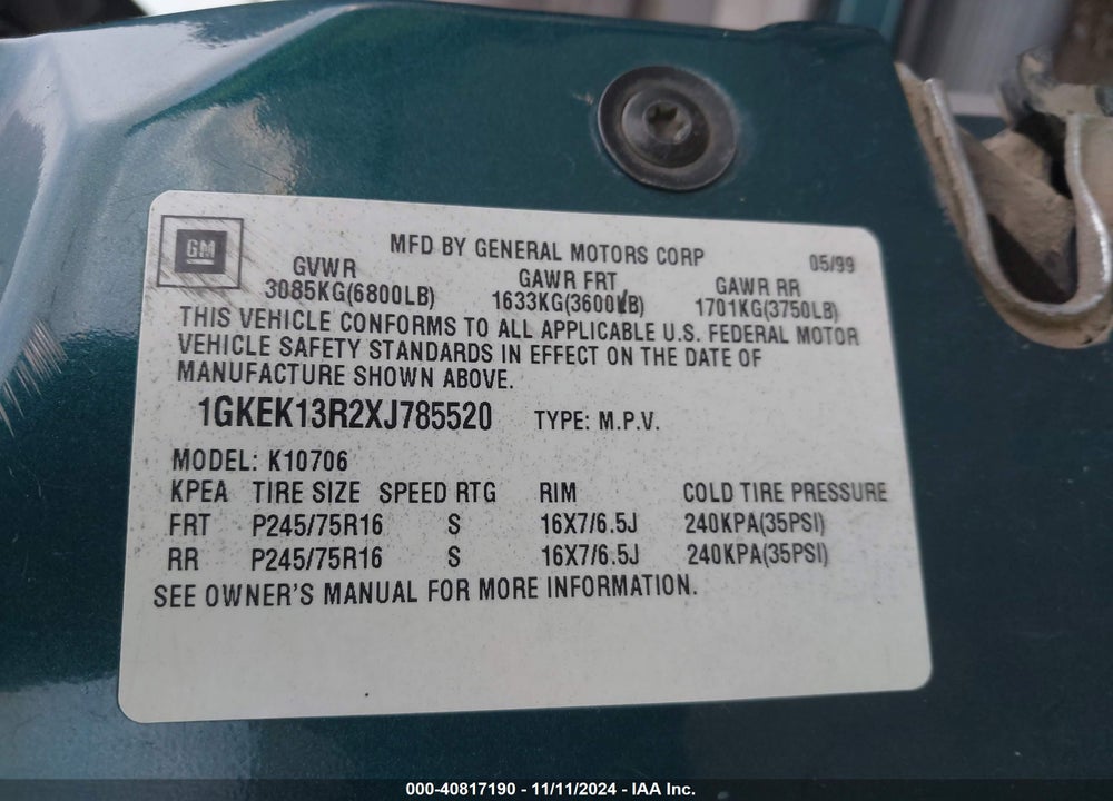 1999 GMC YUKON SLE VIN: 1GKEK13R2XJ785520