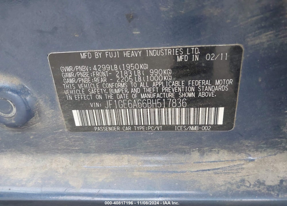 2011 SUBARU IMPREZA 2.5I VIN: JF1GE6A66BH517836