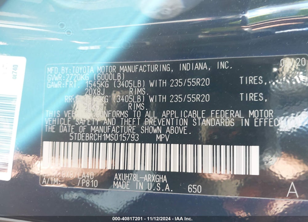 2021 TOYOTA HIGHLANDER HYBRID PLATINUM VIN: 5TDEBRCH1MS015793