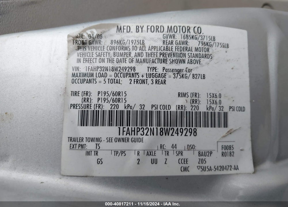 2008 FORD FOCUS S VIN: 1FAHP32N18W249298