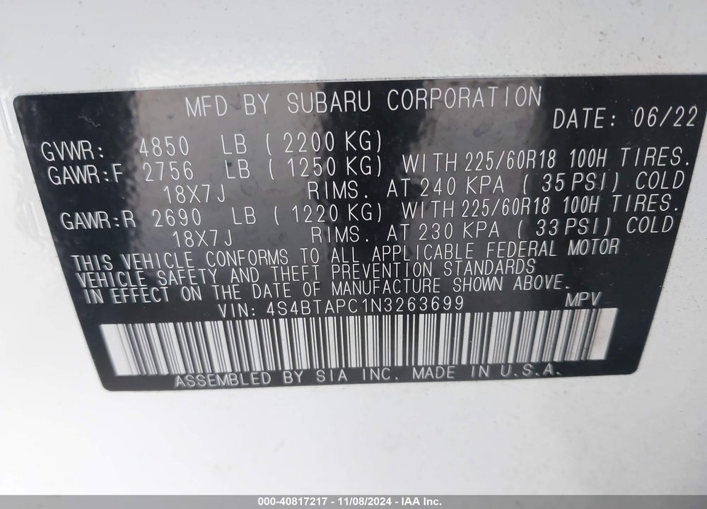 2022 SUBARU OUTBACK TOURING VIN: 4S4BTAPC1N3263699