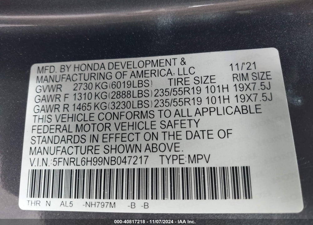 2022 HONDA ODYSSEY ELITE VIN: 5FNRL6H99NB047217