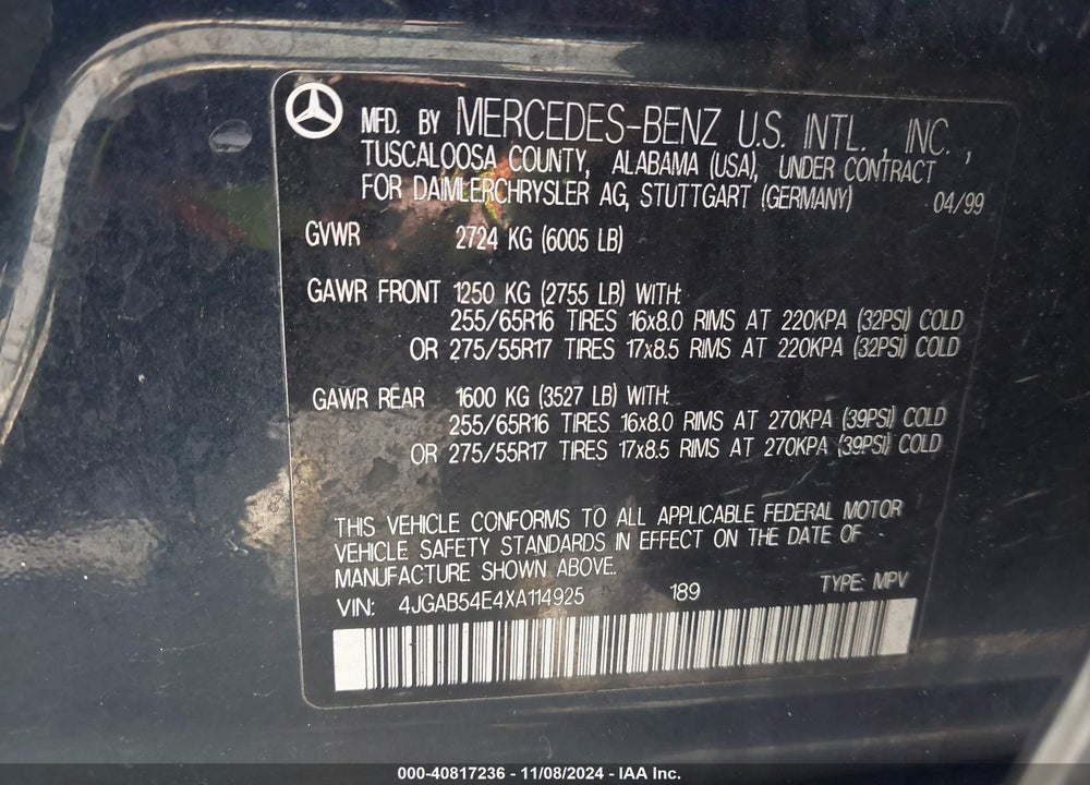 1999 MERCEDES-BENZ ML 320 VIN: 4JGAB54E4XA114925
