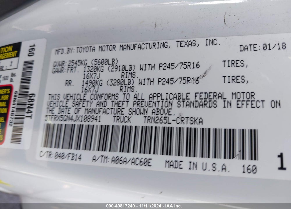 2018 TOYOTA TACOMA SR VIN: 5TFRX5GN4JX108941