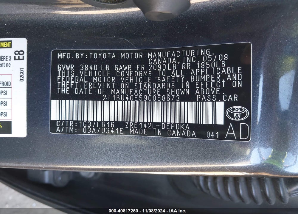 2009 TOYOTA COROLLA LE VIN: 2T1BU40E59C058673