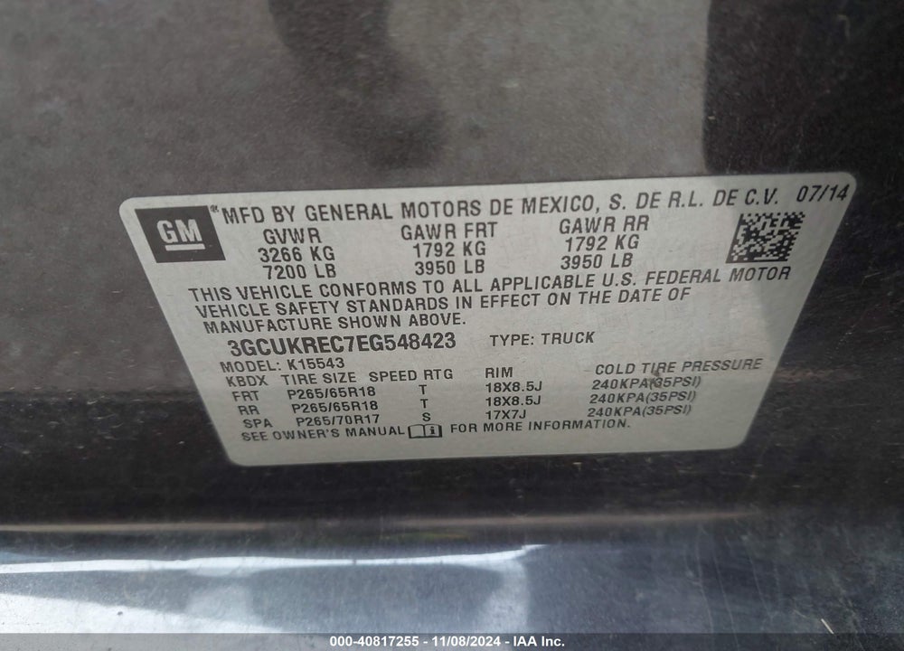 2014 CHEVROLET SILVERADO 1500 VIN: 3GCUKREC7EG548423