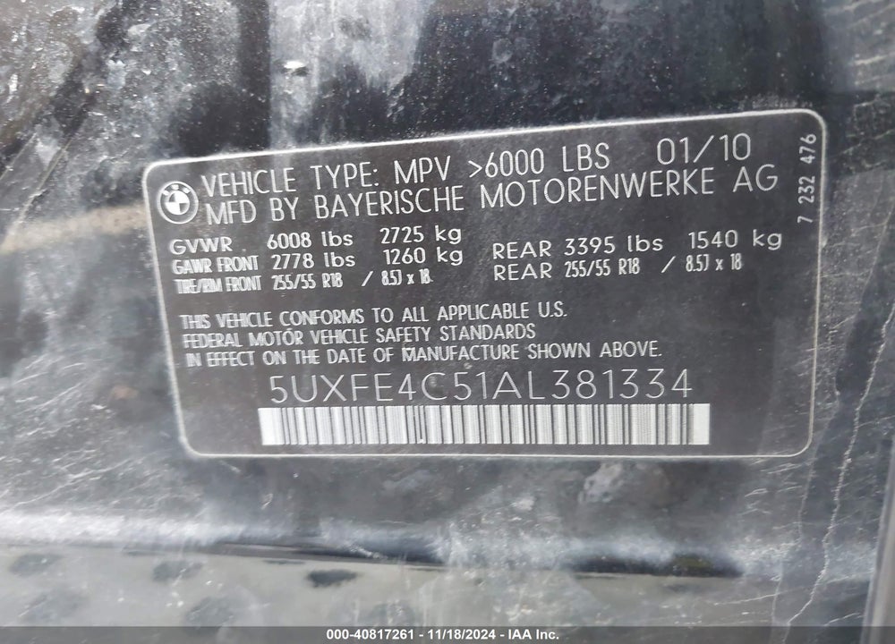 2010 BMW X5 XDRIVE30I VIN: 5UXFE4C51AL381334